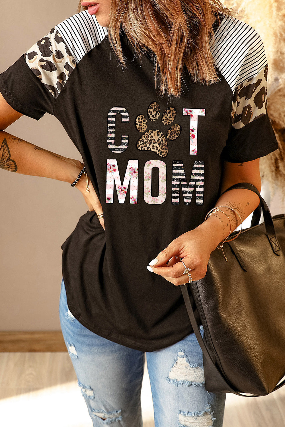 Striped Leopard Print Short Sleeve Women T-shirt