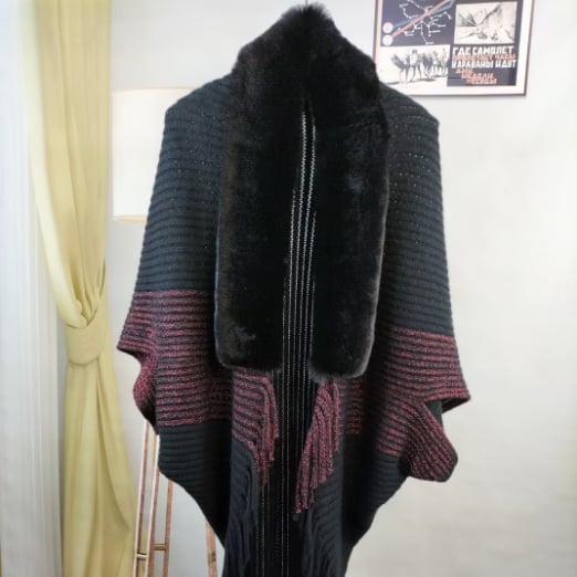 Winter Knit Fringe Fur Collar Shawl