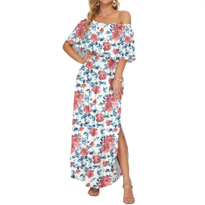 Women's Off The Shoulder Dress Wedding Guest Dress Summer Casual Long Ruffle Party Side Split Beach Maxi Dresses