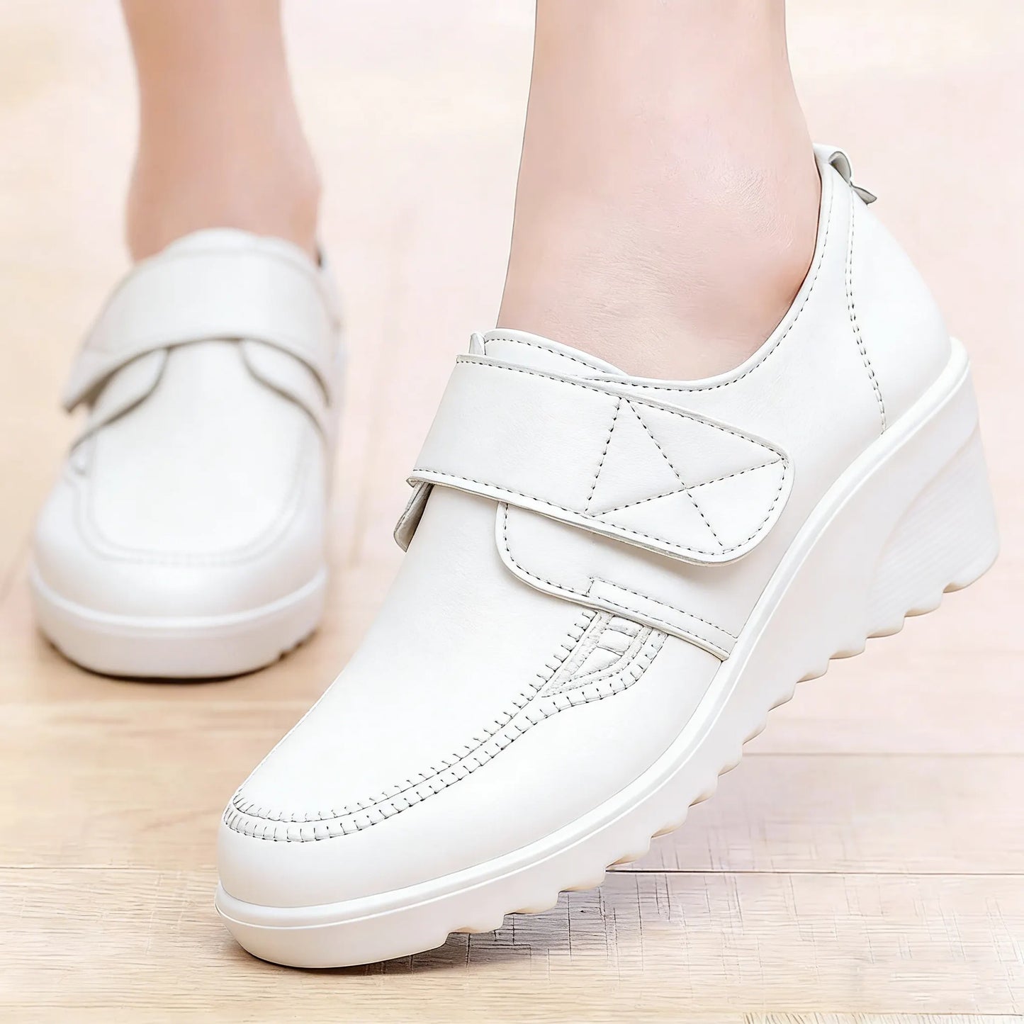 Comfortable Leather Wedge Shoes with Secure Velcro Strap for All-Day Comfort