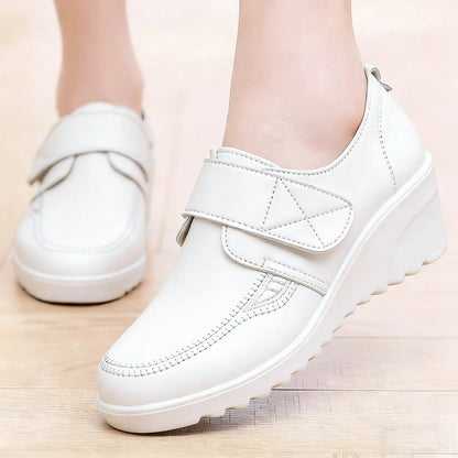 Comfortable Leather Wedge Shoes with Secure Velcro Strap for All-Day Comfort