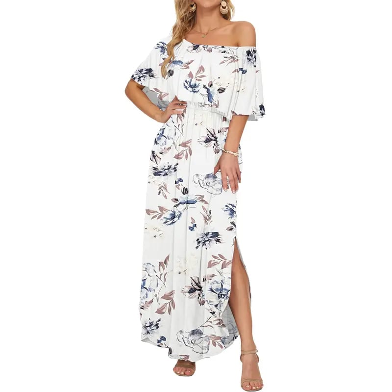 Women's Off The Shoulder Dress Wedding Guest Dress Summer Casual Long Ruffle Party Side Split Beach Maxi Dresses