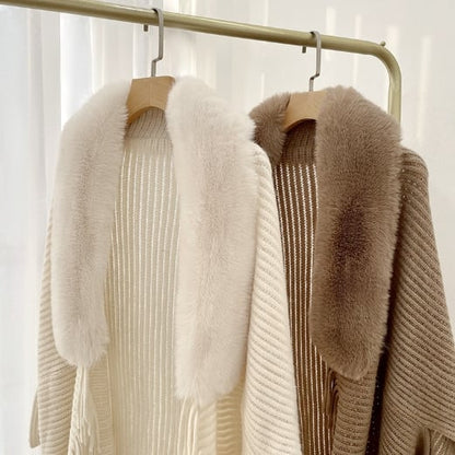 Winter Knit Fringe Fur Collar Shawl