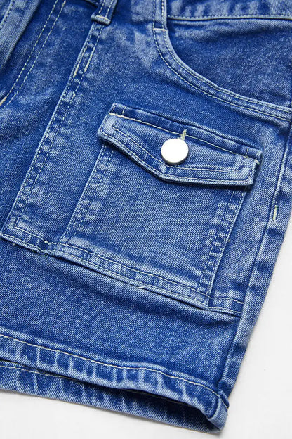 Wash Flap Pocket Front Mid Waist Denim Shorts