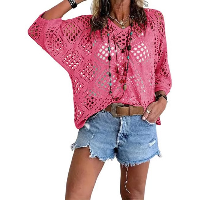 Womens Bohemian-Inspired Beige Crochet Top with V-Neck
