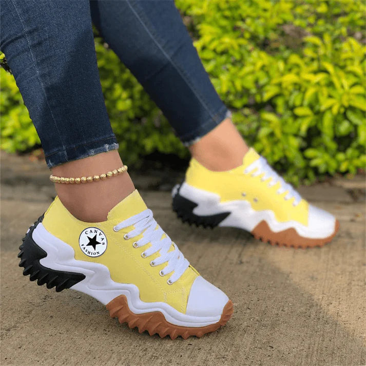 Eyelet Lace-up Contrast Paneled Muffin Sneakers