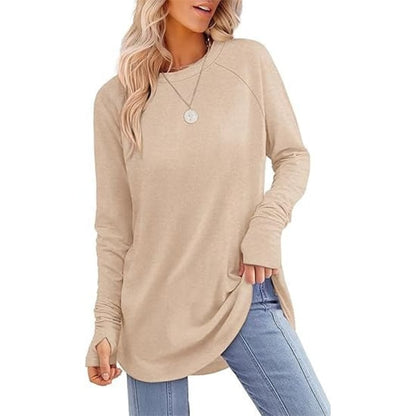 Womens Tunic Tops to Wear with Leggings Long Sleeve Thumb Hole Shirts Crew Neck Curved Hem