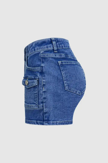 Wash Flap Pocket Front Mid Waist Denim Shorts