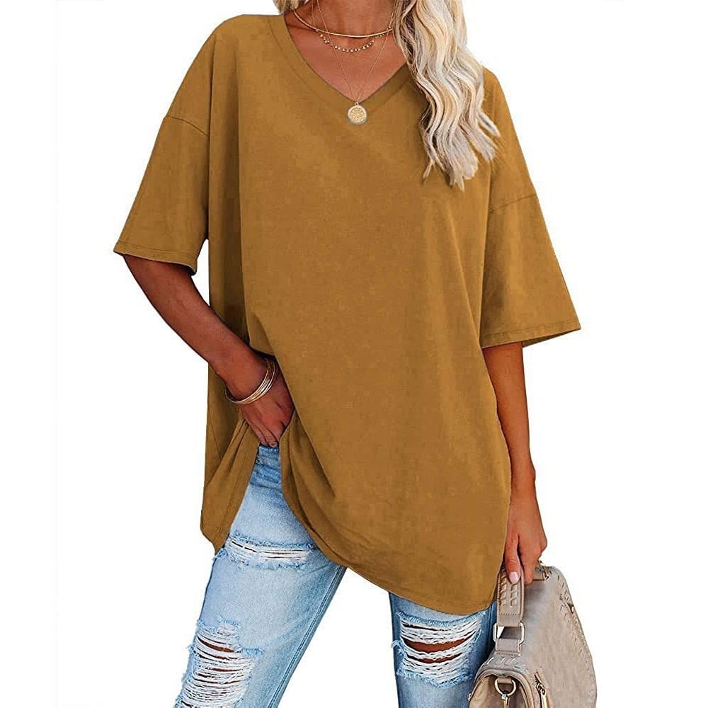Women's Plus Size V-Neck Cotton T-Shirt – Casual Loose Fit Half-Sleeve Top