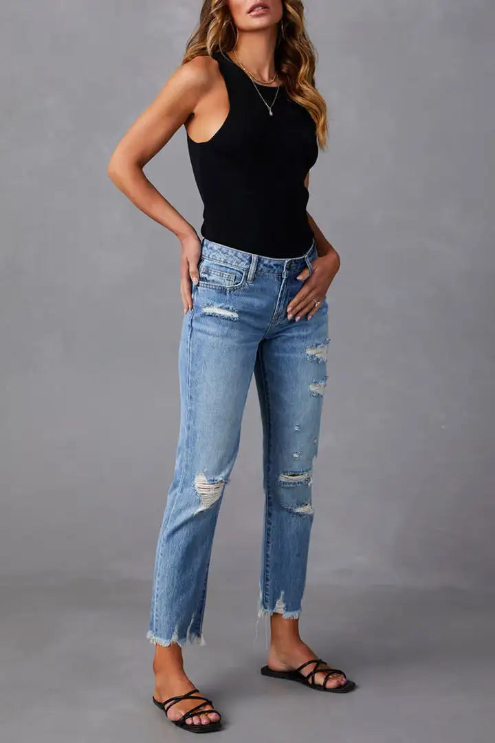 Wash Ripped Raw Hem Mid Rise Crop Jeans