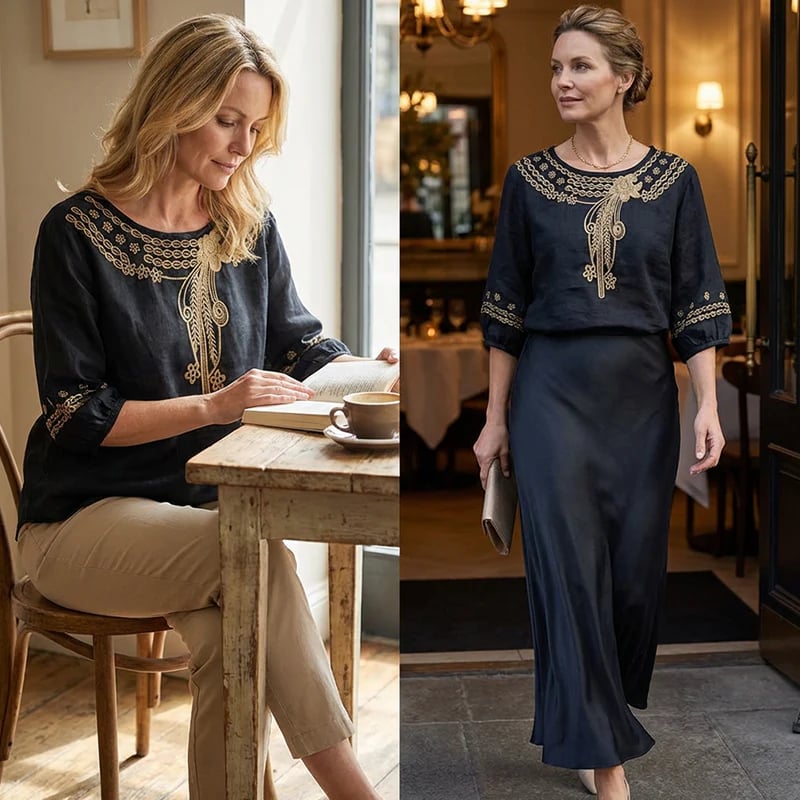 👚 LIMITED-TIME 49% OFF! 💥 Women's Embroidered Cotton-Linen Blend Blouse – Floral Cutouts, Round Neck, Relaxed Fit ✨