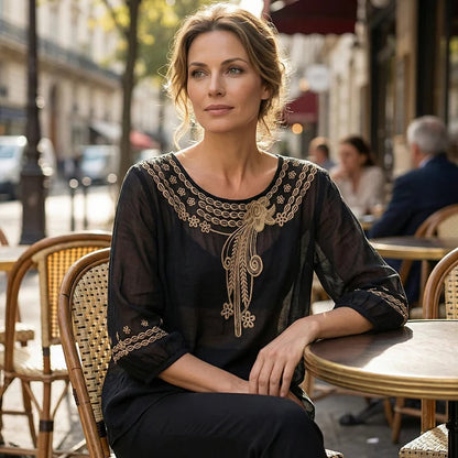 👚 LIMITED-TIME 49% OFF! 💥 Women's Embroidered Cotton-Linen Blend Blouse – Floral Cutouts, Round Neck, Relaxed Fit ✨