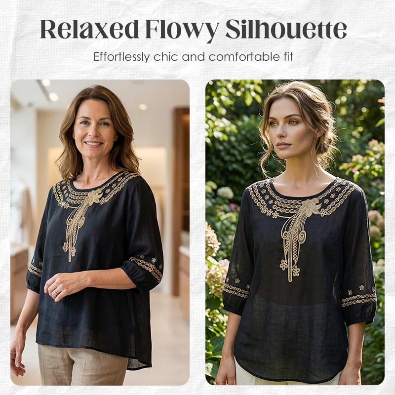 👚 LIMITED-TIME 49% OFF! 💥 Women's Embroidered Cotton-Linen Blend Blouse – Floral Cutouts, Round Neck, Relaxed Fit ✨