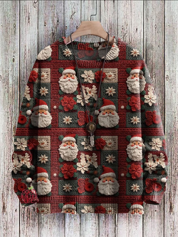 Vintage Christmas Seamless Pattern Print Casual Knit Pullover Sweater