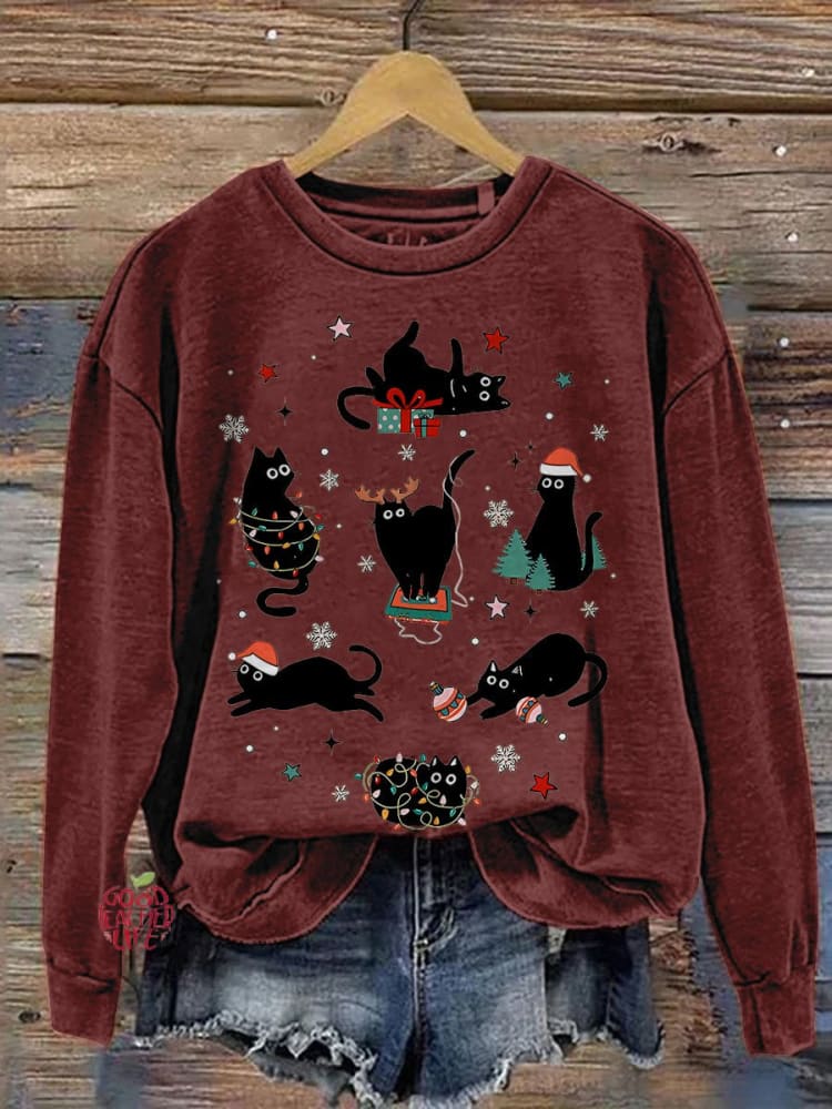 Retro Trendy Christmas Cute Christmas Cat Lover Casual Print Sweatshirt