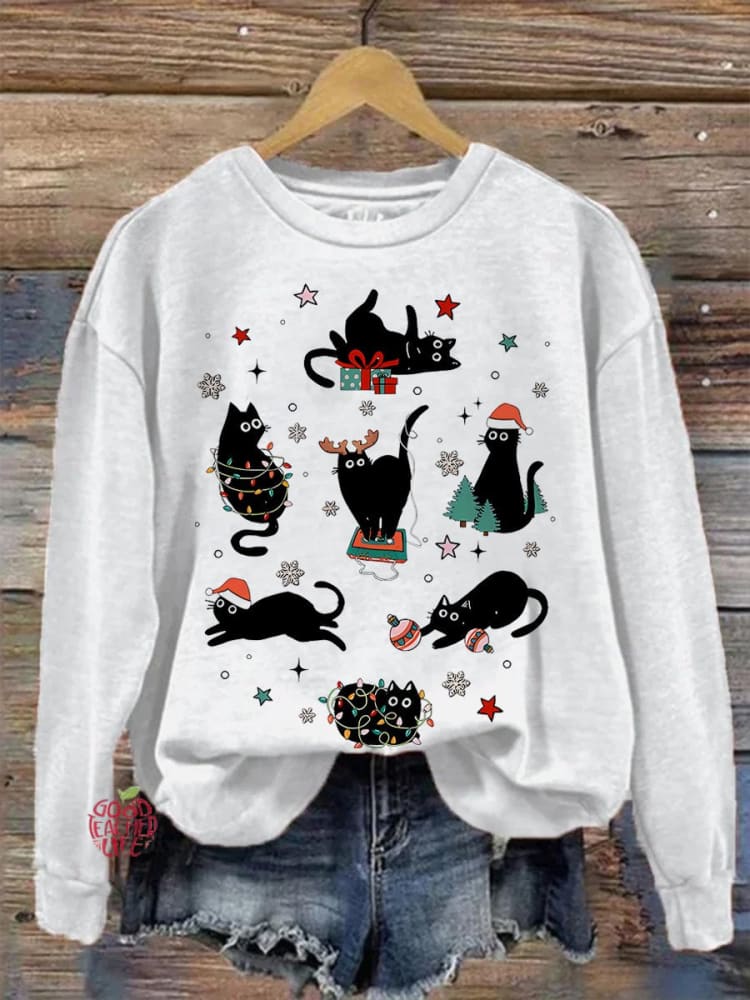 Retro Trendy Christmas Cute Christmas Cat Lover Casual Print Sweatshirt