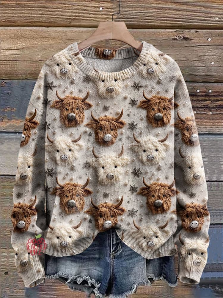 Christmas Highland Cow Highland Cattle Winter Snow Cute Cow Print Knit Pullover Sweater