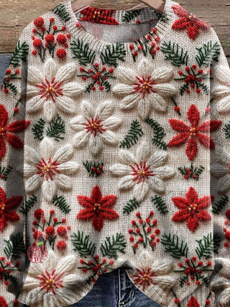 Poinsettia Christmas Flower Christmas Ugly Sweater Christmas Print Knit Pullover Sweater