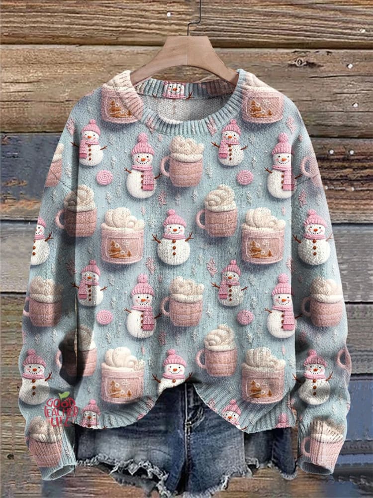 Cute Snowman Hot Cocoa Marshmallows Winter Hot Chocolate Pastel Christmas Print Knit Pullover Sweater