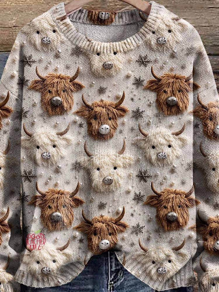 Christmas Highland Cow Highland Cattle Winter Snow Cute Cow Print Knit Pullover Sweater