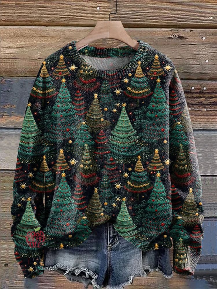 Vintage Christmas Tree Christmas Night Print Knit Pullover Sweater