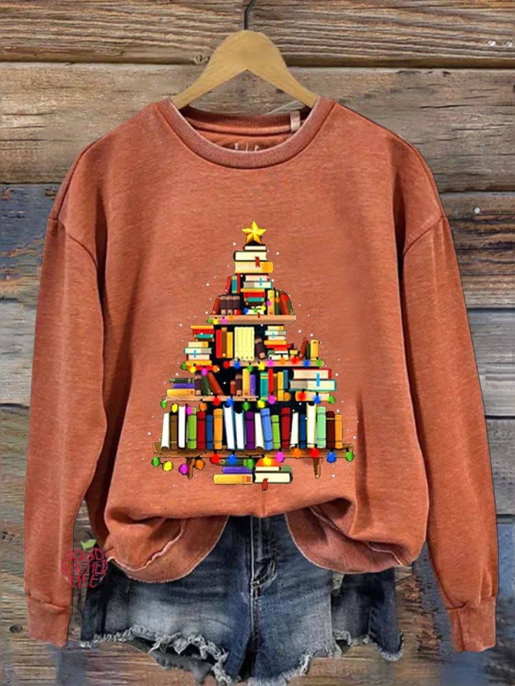 Reading Christmas Book Tree Teacher Gift Casual  Sweatshirt