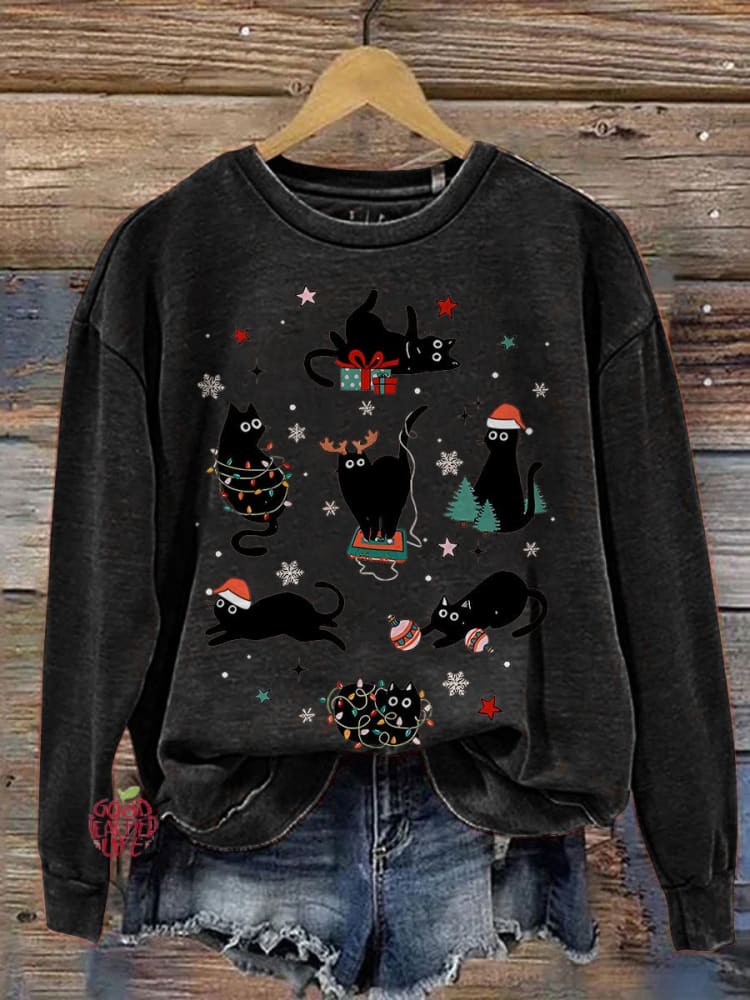 Retro Trendy Christmas Cute Christmas Cat Lover Casual Print Sweatshirt