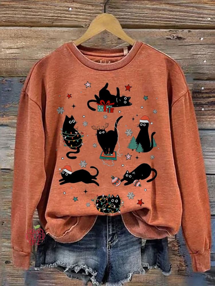 Retro Trendy Christmas Cute Christmas Cat Lover Casual Print Sweatshirt