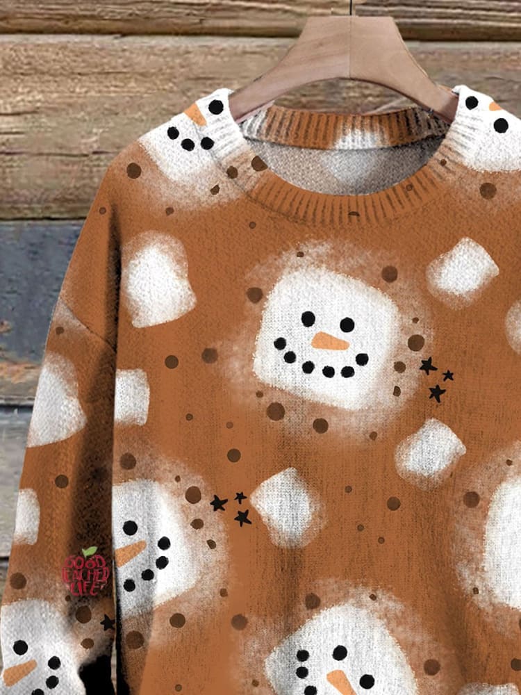 Christmas Marshmallow Snowman Art Print Knit Pullover Sweater