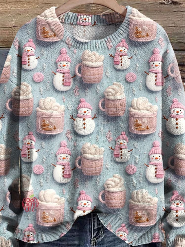 Cute Snowman Hot Cocoa Marshmallows Winter Hot Chocolate Pastel Christmas Print Knit Pullover Sweater