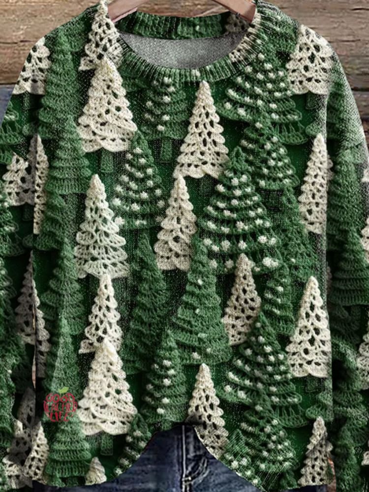 Christmas Tree Green White Print Knit Pullover Sweater