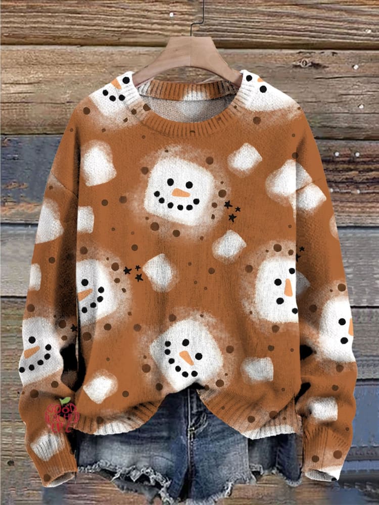 Christmas Marshmallow Snowman Art Print Knit Pullover Sweater