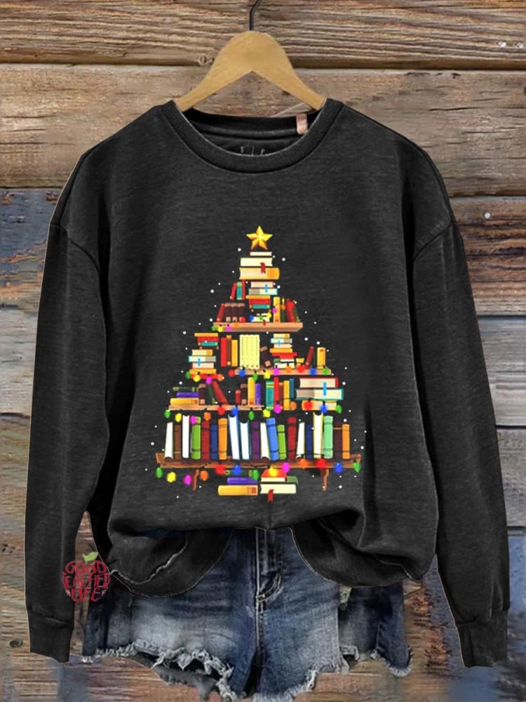 Reading Christmas Book Tree Teacher Gift Casual  Sweatshirt