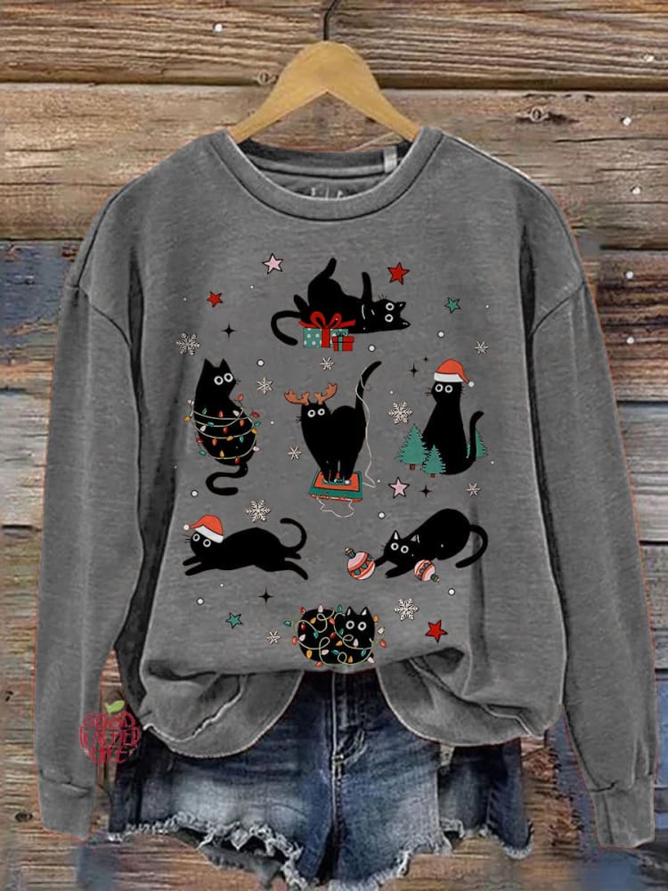 Retro Trendy Christmas Cute Christmas Cat Lover Casual Print Sweatshirt