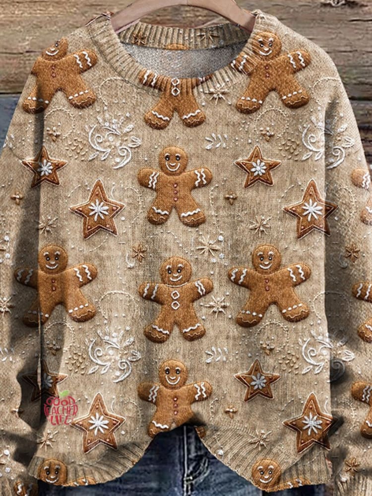 Christmas Gingerbread Cookies Cottagecore Boho Print Knit Pullover Sweater