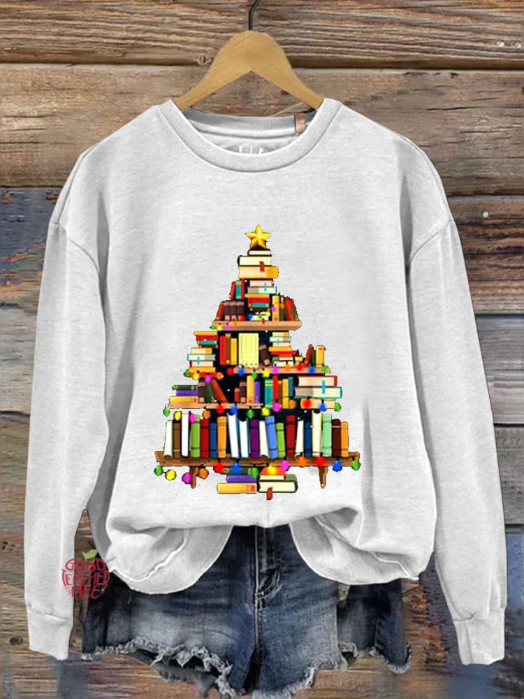 Reading Christmas Book Tree Teacher Gift Casual  Sweatshirt