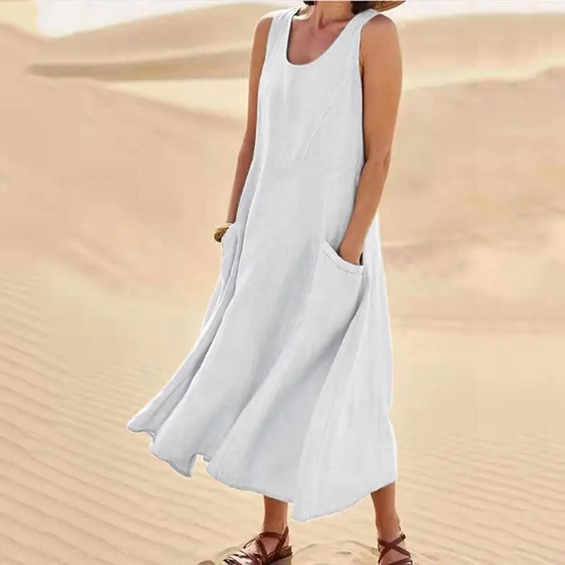 Last Day 49% OFF Women Cotton Linen Sundress Summer Sleeveless Loose Pocket Long Dress Buy 2 Get Free Shipping Today