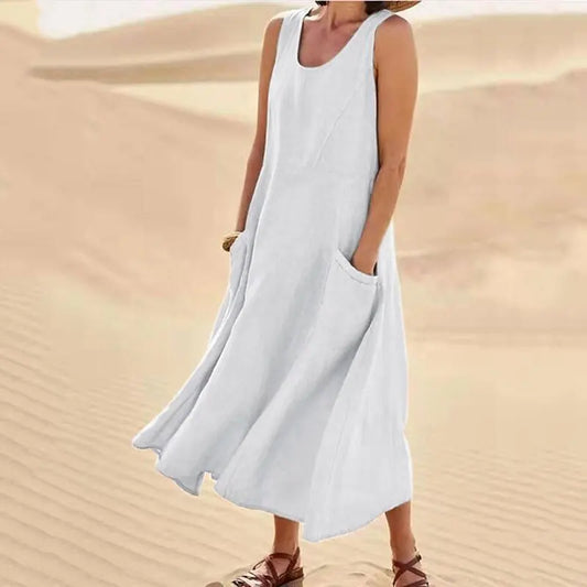 Last Day 49% OFF Women Cotton Linen Sundress Summer Sleeveless Loose Pocket Long Dress Buy 2 Get Free Shipping Today