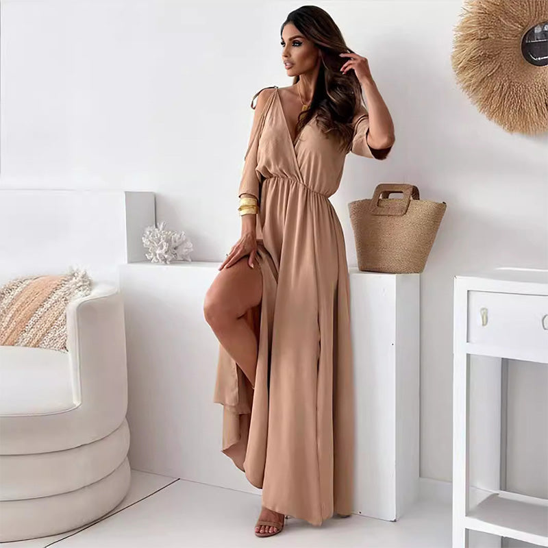 Elegant sexy V-neck dress with side slit for women