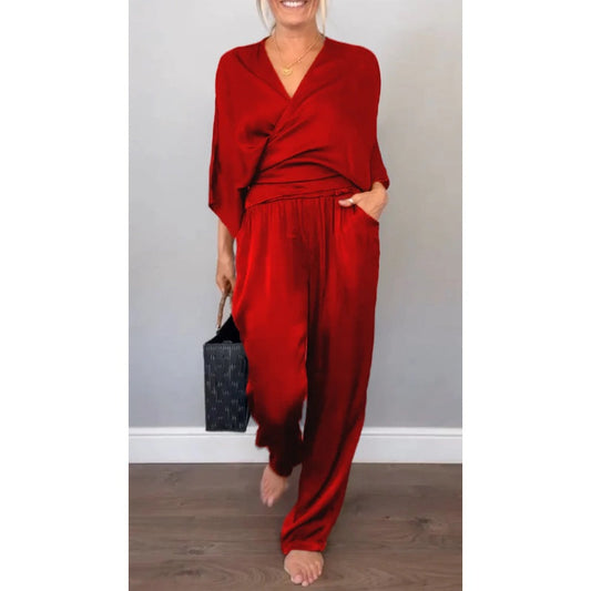 💃Women's mercerized cotton V-neck 2-piece suit