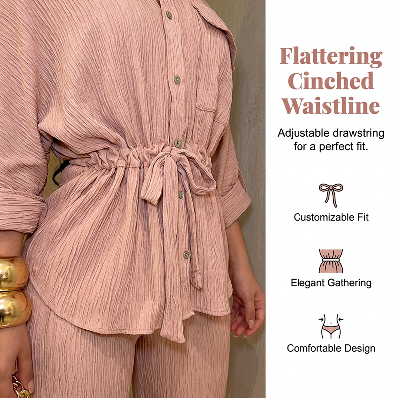 🎀 50% OFF NOW! Women's Drawstring Shirt & Wide-Leg Pants Set – Adjustable Waist, Flowy Trousers & Textured Fabric