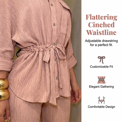 🎀 50% OFF NOW! Women's Drawstring Shirt & Wide-Leg Pants Set – Adjustable Waist, Flowy Trousers & Textured Fabric