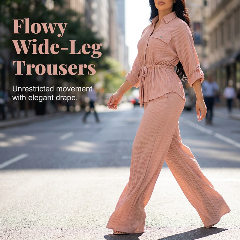 🎀 50% OFF NOW! Women's Drawstring Shirt & Wide-Leg Pants Set – Adjustable Waist, Flowy Trousers & Textured Fabric