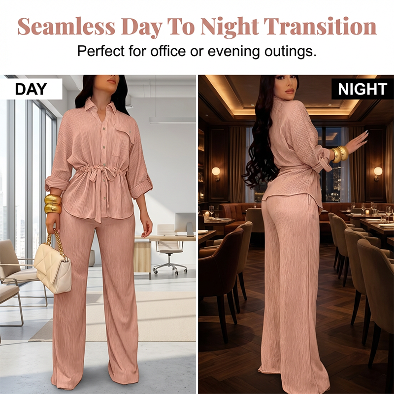 🎀 50% OFF NOW! Women's Drawstring Shirt & Wide-Leg Pants Set – Adjustable Waist, Flowy Trousers & Textured Fabric