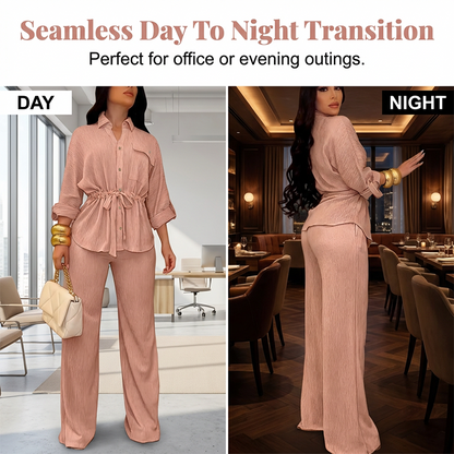 🎀 50% OFF NOW! Women's Drawstring Shirt & Wide-Leg Pants Set – Adjustable Waist, Flowy Trousers & Textured Fabric