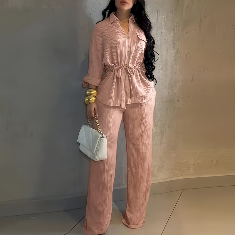 🎀 50% OFF NOW! Women's Drawstring Shirt & Wide-Leg Pants Set – Adjustable Waist, Flowy Trousers & Textured Fabric