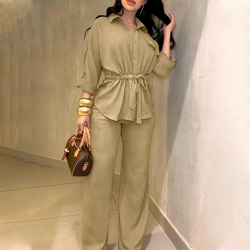 🎀 50% OFF NOW! Women's Drawstring Shirt & Wide-Leg Pants Set – Adjustable Waist, Flowy Trousers & Textured Fabric