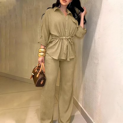 🎀 50% OFF NOW! Women's Drawstring Shirt & Wide-Leg Pants Set – Adjustable Waist, Flowy Trousers & Textured Fabric