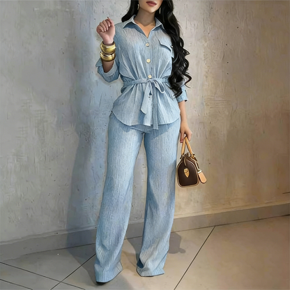 🎀 50% OFF NOW! Women's Drawstring Shirt & Wide-Leg Pants Set – Adjustable Waist, Flowy Trousers & Textured Fabric