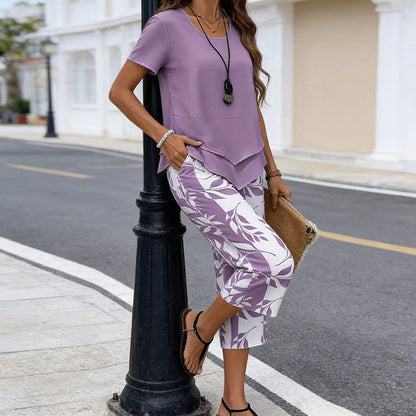 Casual 2-Piece Set – Layered Tunic Top & Printed Wide-Leg Pants, Lightweight Polyester